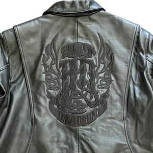 Harley Davidson Womens 1W Black Leather Motorcycle Jacket Flame Zipper Sleeves